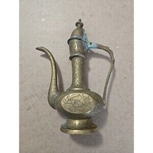 7" Vintage Brass Etched‎ Floral India Pitcher Teapot Genie Lamp Decor
